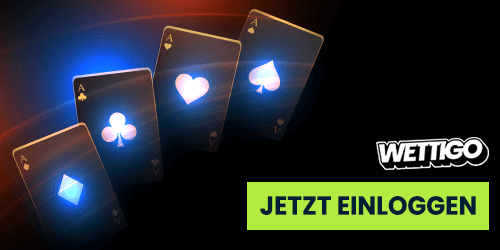 Leuchtende Spielkarten mit Symbolen auf dunklem Hintergrund und Button Jetzt einloggen