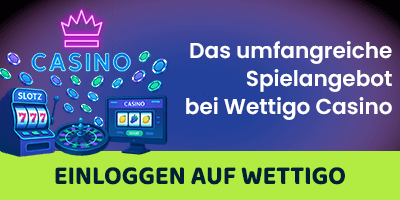 Casino-Illustration mit Slotmaschinen, Chips und dem Hinweis auf das Spielangebot bei Wettigo